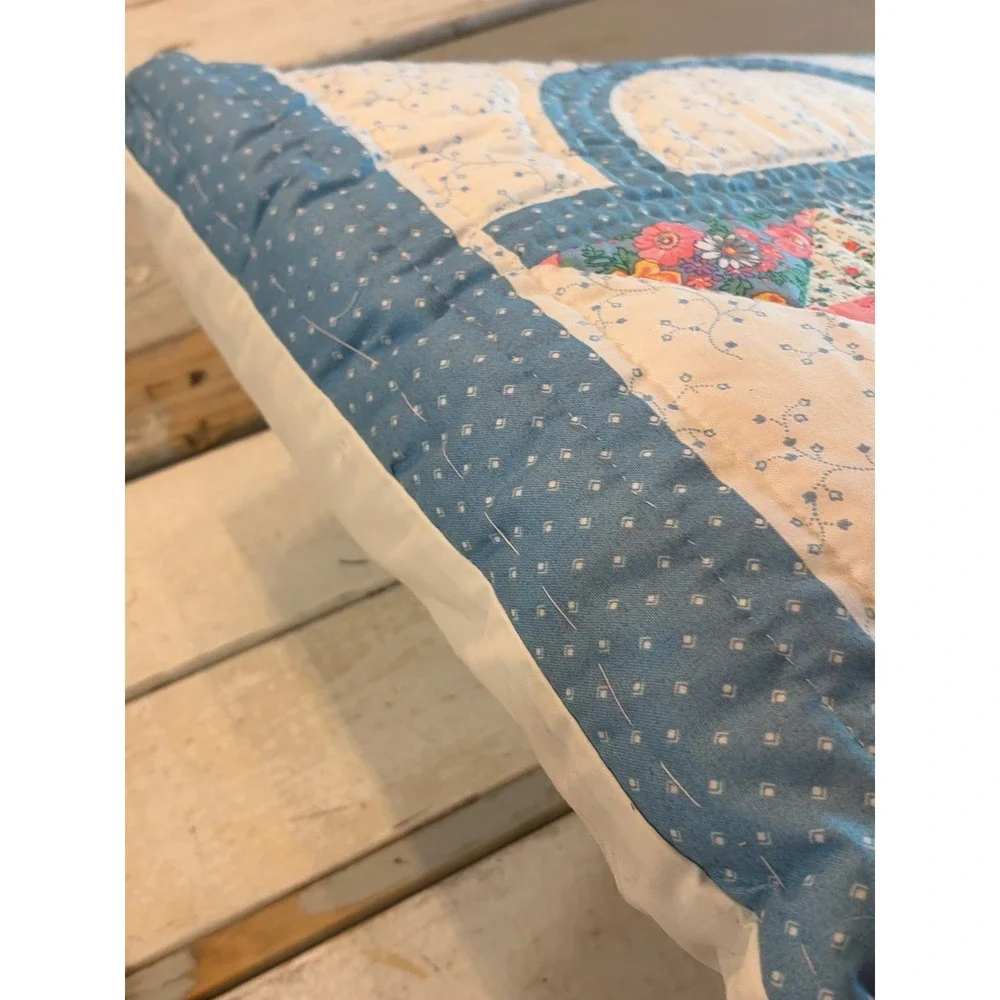 Handmade Quilted Basket Patchwork Throw Pillow Blue Floral Cottagecore